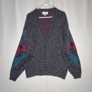 Jed 80s Vtg Cardigan Men Medium Gray Aztec South Western Grandpa Grunge Button